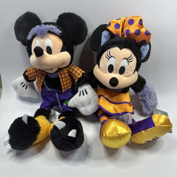 Disneystore Halloween 2019 18” Werewolf Mickey Mouse and Cat Minnie Mouse Plush